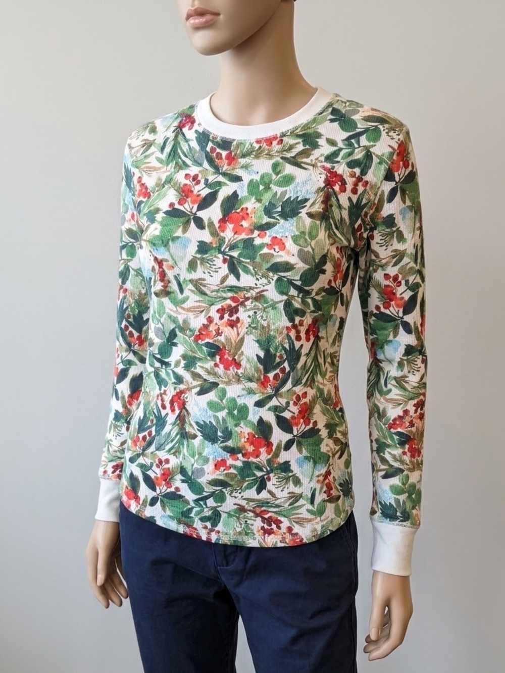 stars above Green & Red Poinsettia Crewneck Thermal Tee